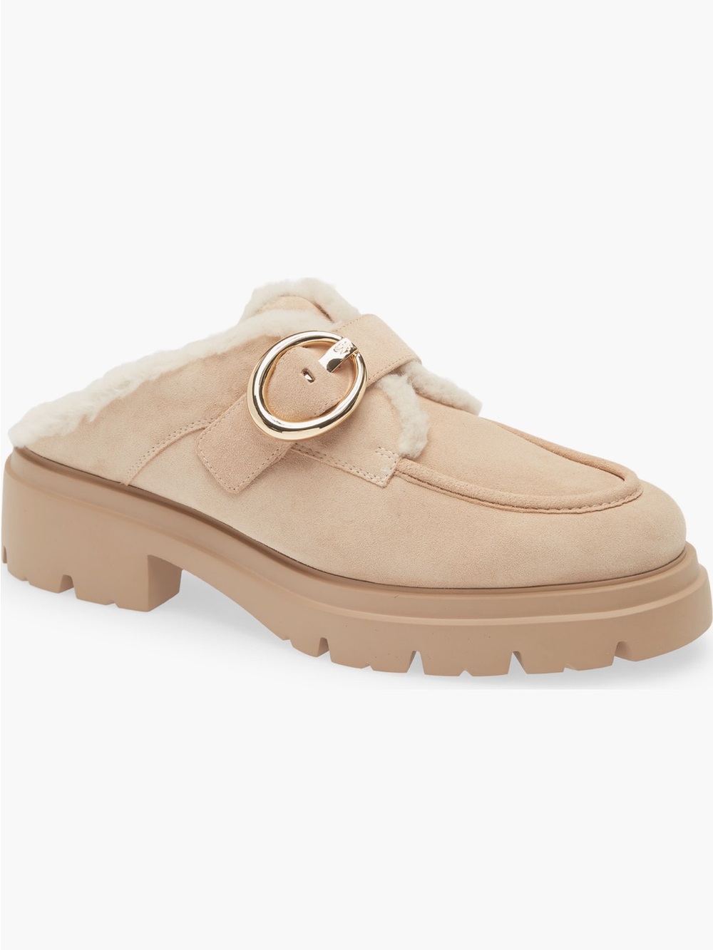 Stuart Weitzman Beige Suede Shearling-Trim Lug Mule with Gold Buckle